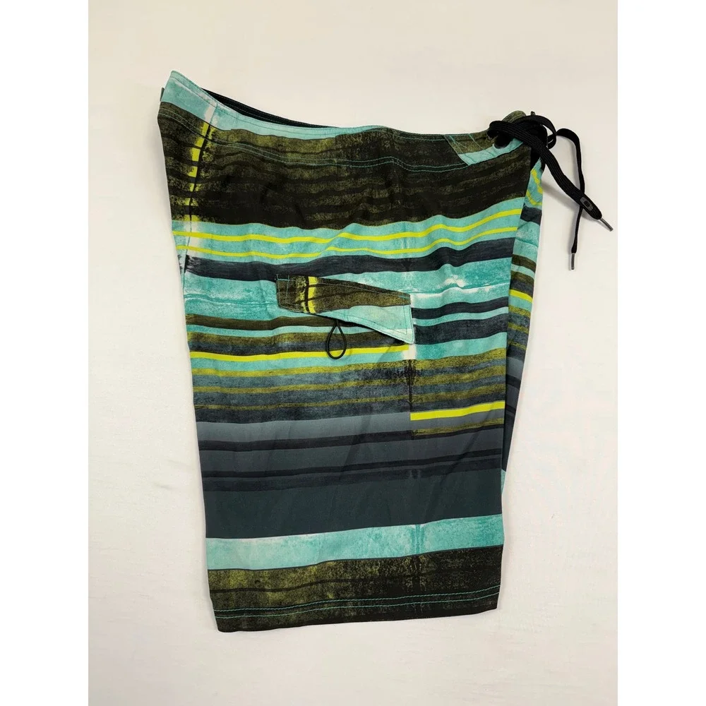 Oakley Men's Striped Board Shorts Black Teal Neon Yellow‎ Size 36